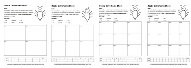 4 Beetle Drive Game Sheets